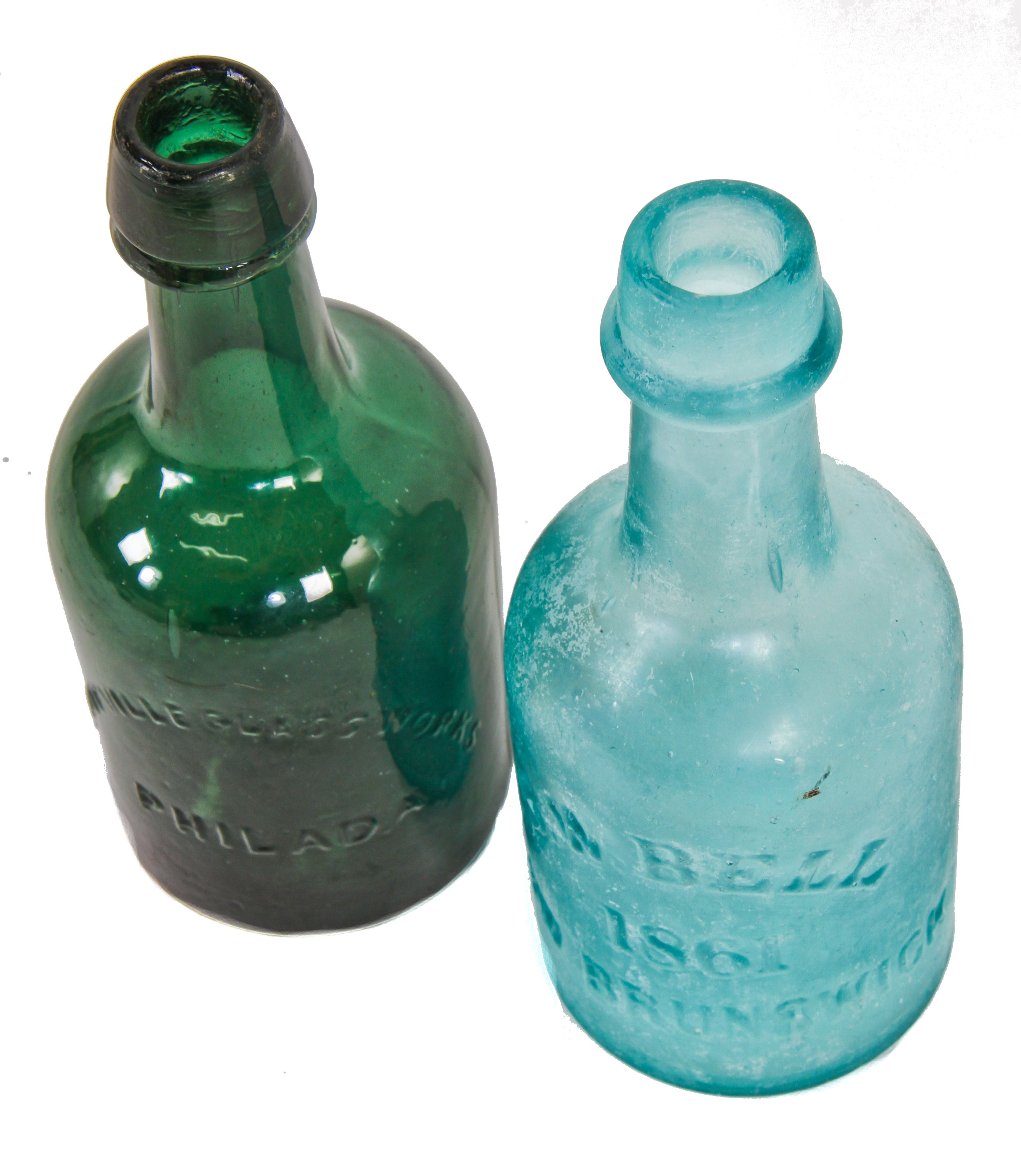 mid-nineteenth century (1860-1870) privy-dug deep blue aqua porter shaped bottle with a twitchell-style applied tapered lip and rounded ring manufactured in new jersey, likely by the bridgeton glass works.