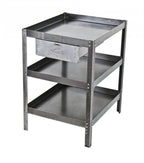 refinished late 1940's vintage american industrial original and intact three-tier stationary angled iron tool stand with raised edge shelves and a single sliding drawer