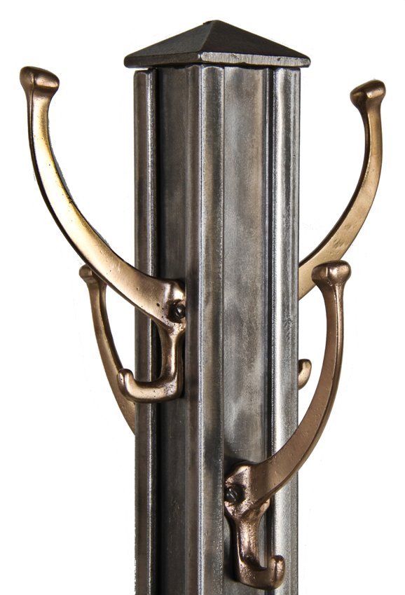 early 1930's original american depression era pressed and folded steel freestanding coat stand with original cast brass double hooks
