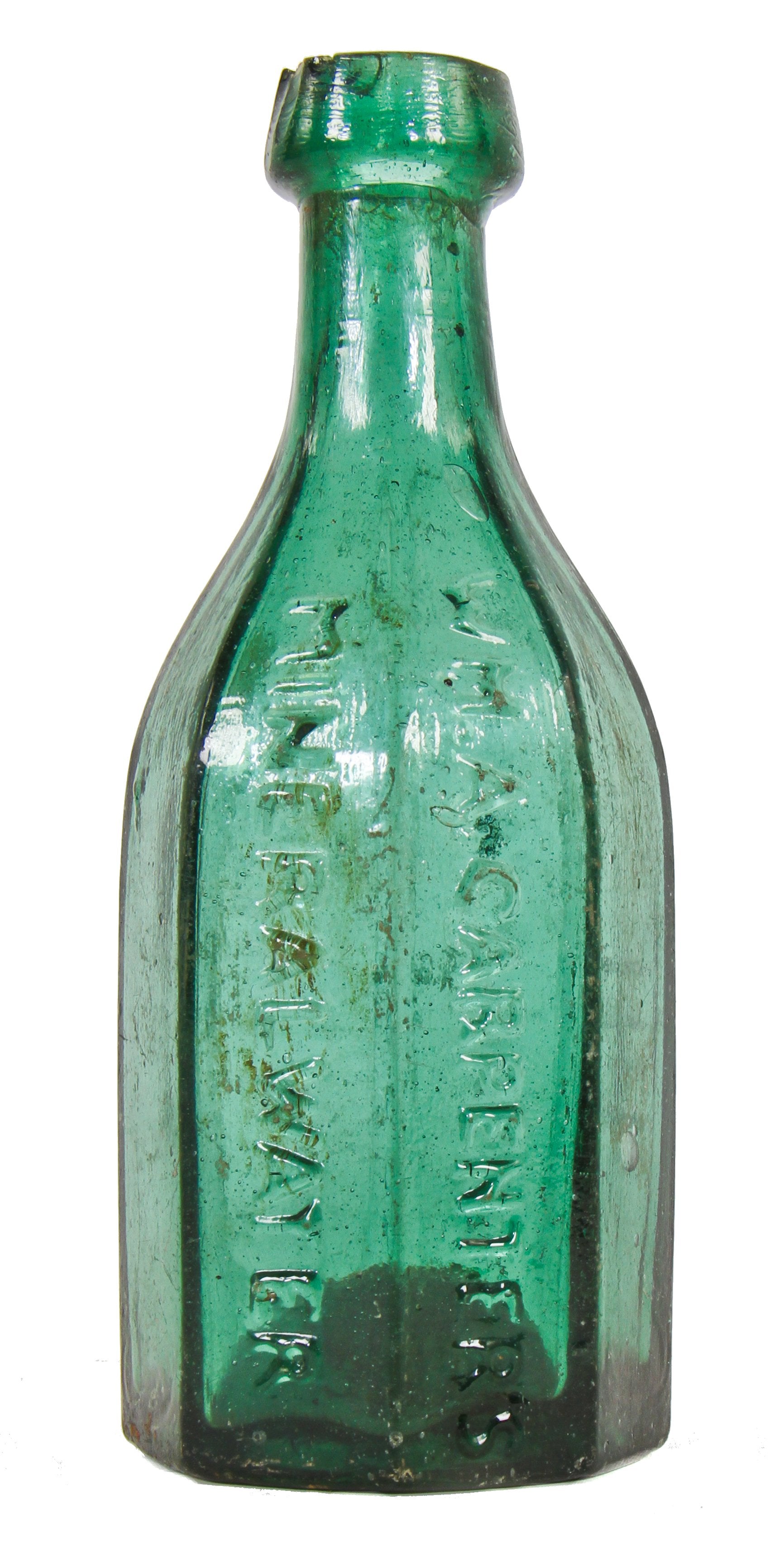 rare 1840-1860 privy dug iron-pontiled emerald green eight-sided bottle with blob top manufactured and/or bottled for william a. carpenter in  hudson, n.y.