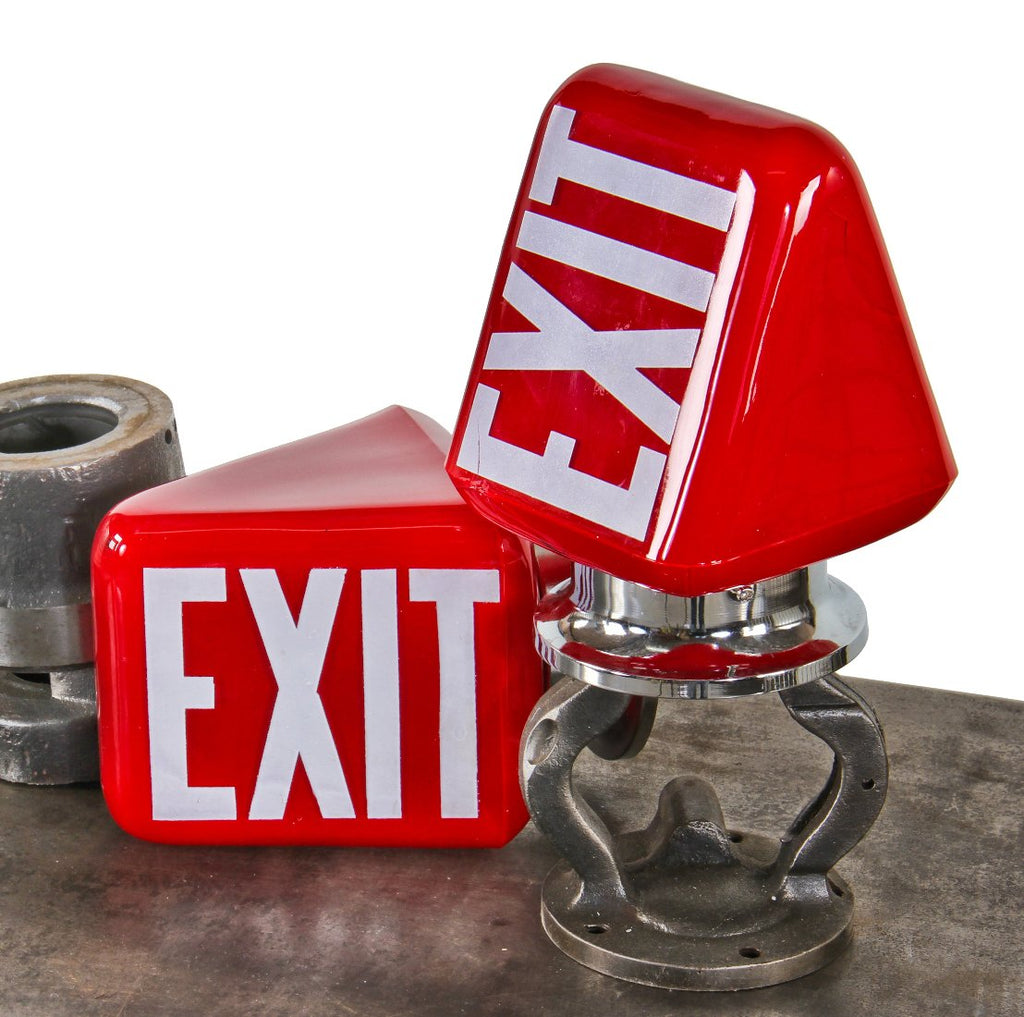 refurbished c. 1930's american antique art deco c. 1930's depression era linker hotel wall-mount ruby red glass illuminated exit light with chrome fitter