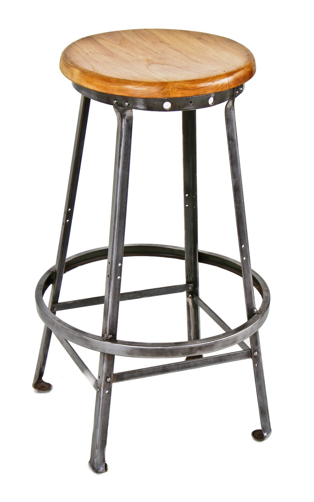refinished c. 1930's original and well-built american industrial four-legged riveted joint angled steel stool with varnished maple wood seat