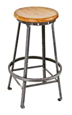 refinished c. 1930's original and well-built american industrial four-legged riveted joint angled steel stool with varnished maple wood seat
