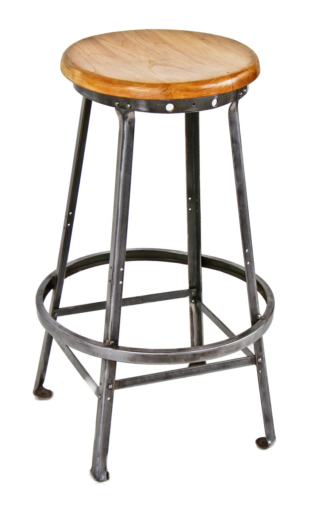 refinished c. 1930's original and well-built american industrial four-legged riveted joint angled steel stool with varnished maple wood seat