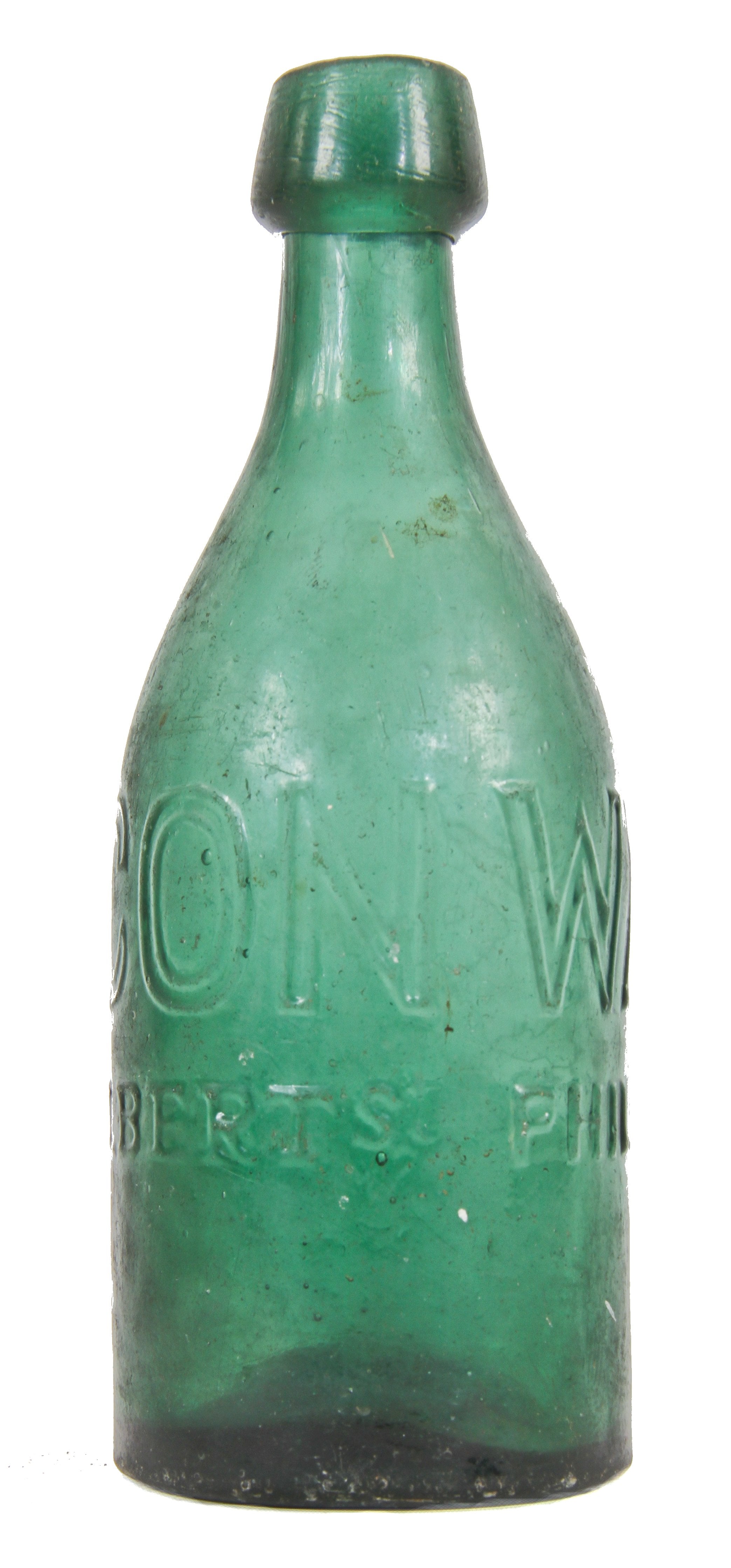 original rare and intact c. 1850's medium emerald green pony soda or mineral water patrick conway bottle with embossed "block letters" and applied blobtop