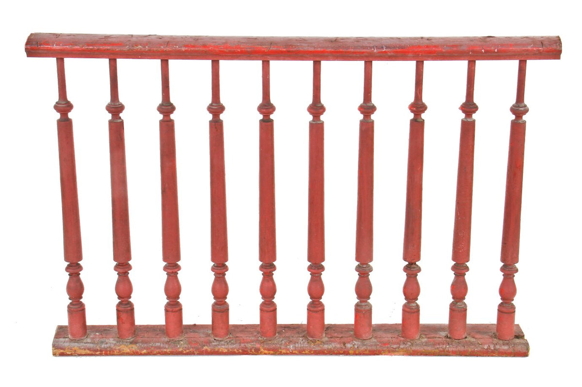 original c. 1870's red painted solid walnut interior commercial building staircase straight section with finely turned and tapered spindles