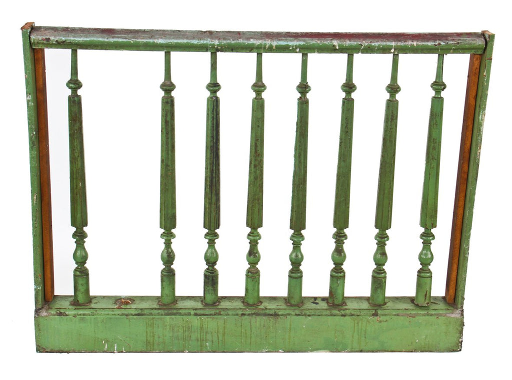 largely intact c. 1870's post-fire chicago interior painted green solid walnut wood commercial building railing with hexagonal-shaped spindle or "sticks"