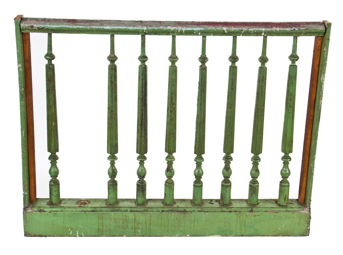 largely intact c. 1870's post-fire chicago interior painted green solid walnut wood commercial building railing with hexagonal-shaped spindle or "sticks"