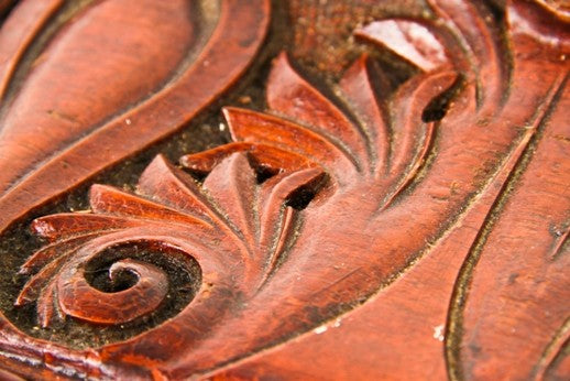 single-sided historically important hand-carved h.i. cobb-designed chicago athletic club association building varnished mahogany wood trimwork fragment with allover crazing