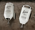 highly desirable all original and intact porcelain enameled steel "luron" brand boraxo hand soap wall-mount factory lavatory dispenser