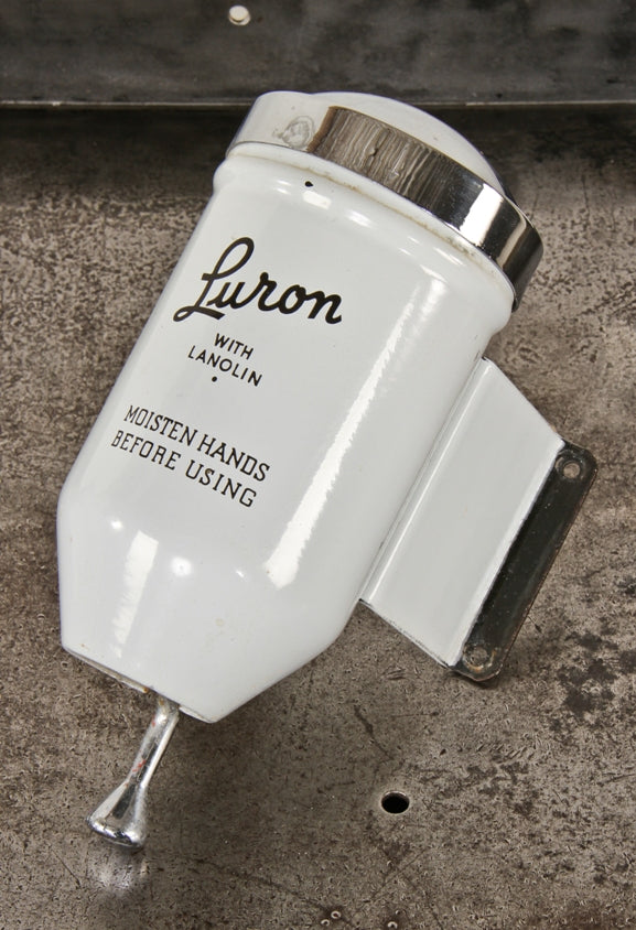 highly desirable all original and intact porcelain enameled steel "luron" brand boraxo hand soap wall-mount factory lavatory dispenser