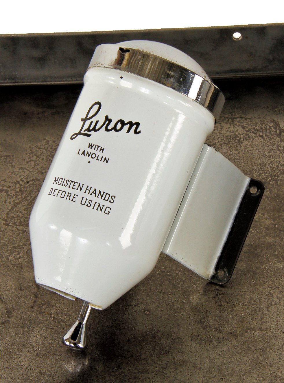 one of two original and intact american depression era c. 1930's "luron" brand wall-mount factory lavatory powdered soap dispenser with original reservoir cap