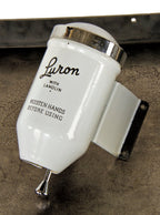 one of two original and intact american depression era c. 1930's "luron" brand wall-mount factory lavatory powdered soap dispenser with original reservoir cap