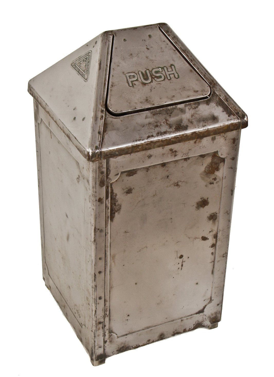 oversized c. 1930's american depression era refinished fully functional freestanding "self-closing" upright trash or garbage can with pyramidal top