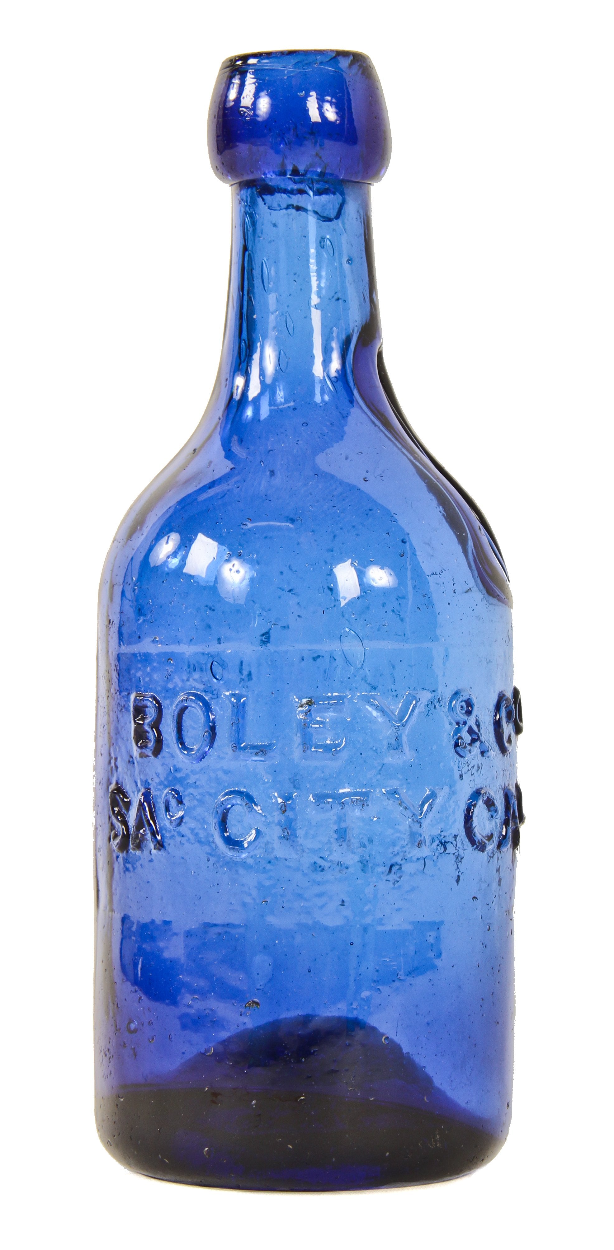 original early western gold rush era c. 1850's-1860's pontiled vibrant cobalt blue soda bottle manufactured in for addison boley in sacramento, california.