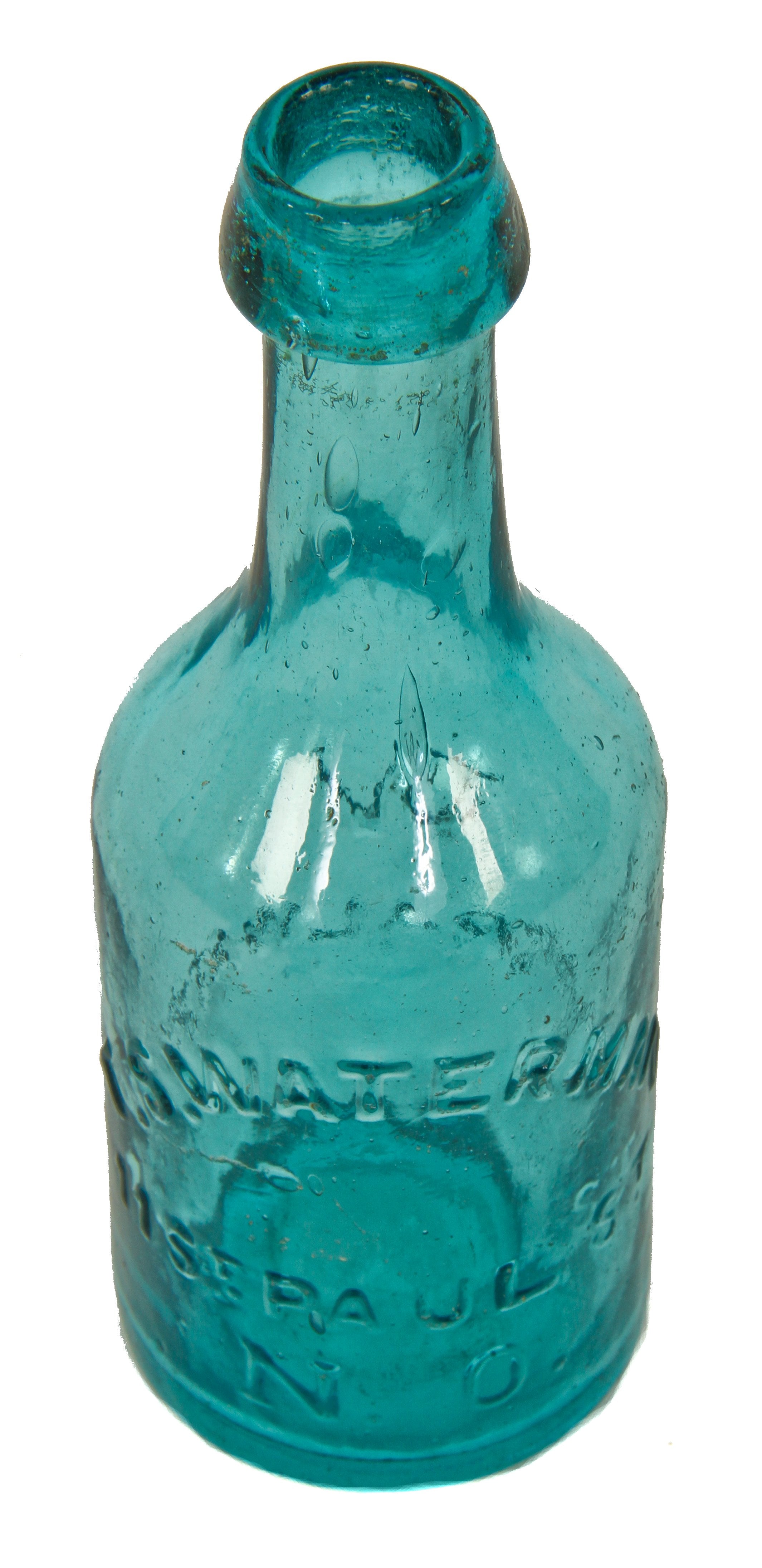 rare and original mid-nineteenth century medium teal blue glass mineral water bottle fabricated for thomas scott waterman in new orleans, la