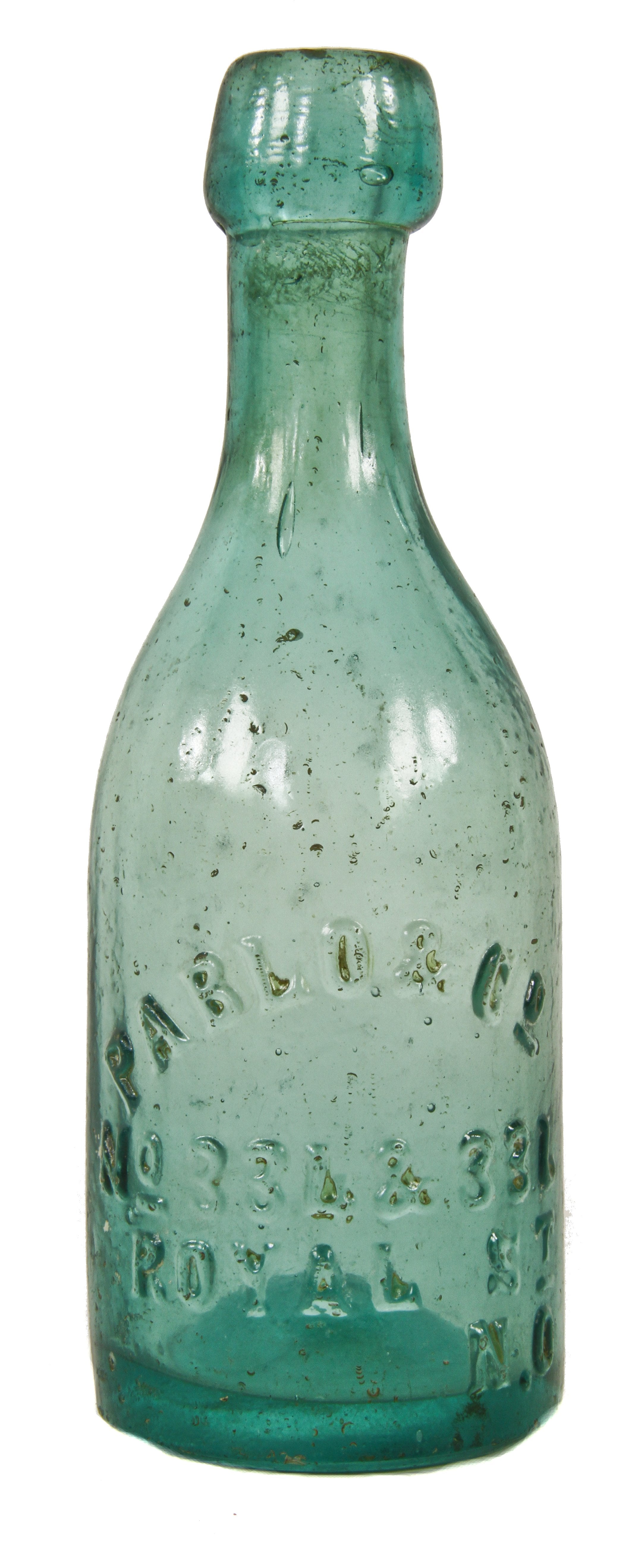 hard to find pre-civil war antique privy dug intact aqua soda bottle manufactured for pablo & co., in new orleans.