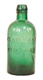 single rare mid-nineteenth century antique american emerald green saratoga pint bottle manufactured for clarke & co, new york.