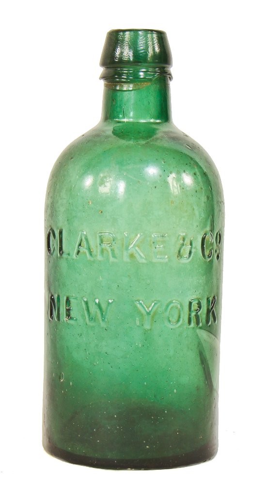 single rare mid-nineteenth century antique american emerald green saratoga pint bottle manufactured for clarke & co, new york.