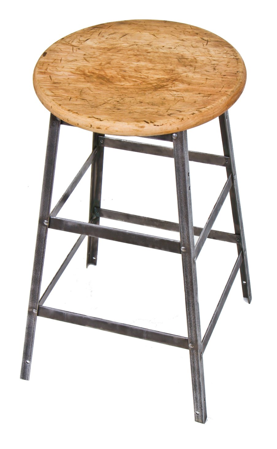 early 1950's original and intact american vintage industrial pollard riveted joint angled iron stationary factory stool with original maple wood seat