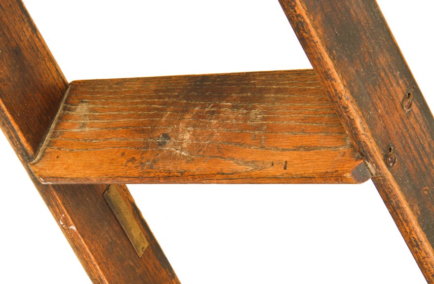 original and completely intact hard to find c. 1919 varnished oak wood mobile chicago hardware store rolling ladder with steel tracks included