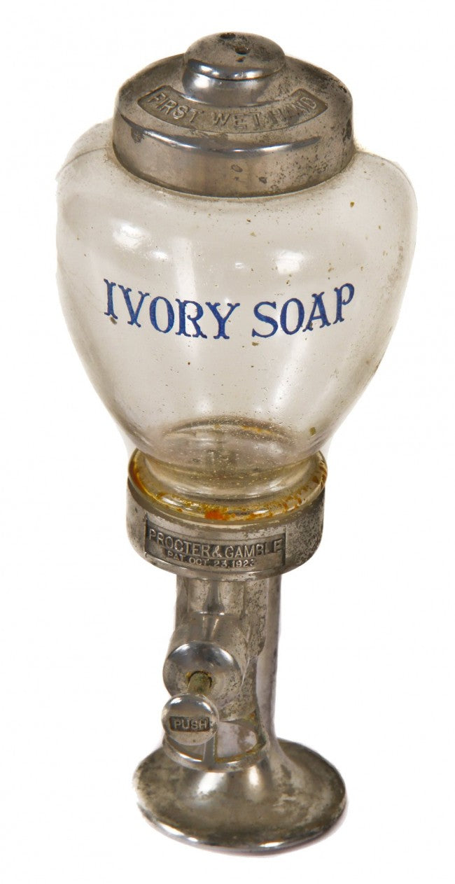 original and intact patented c. 1920's original american industrial upright hospital lavatory "ivory soap" art deco style dispenser with clear glass reservoir and chrome cap