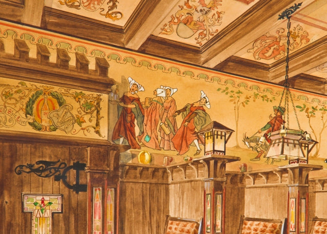very rare and historically important early 20th century framed and signed polychromatic watercolor rendering of walt's restaurant and//or heileman hall