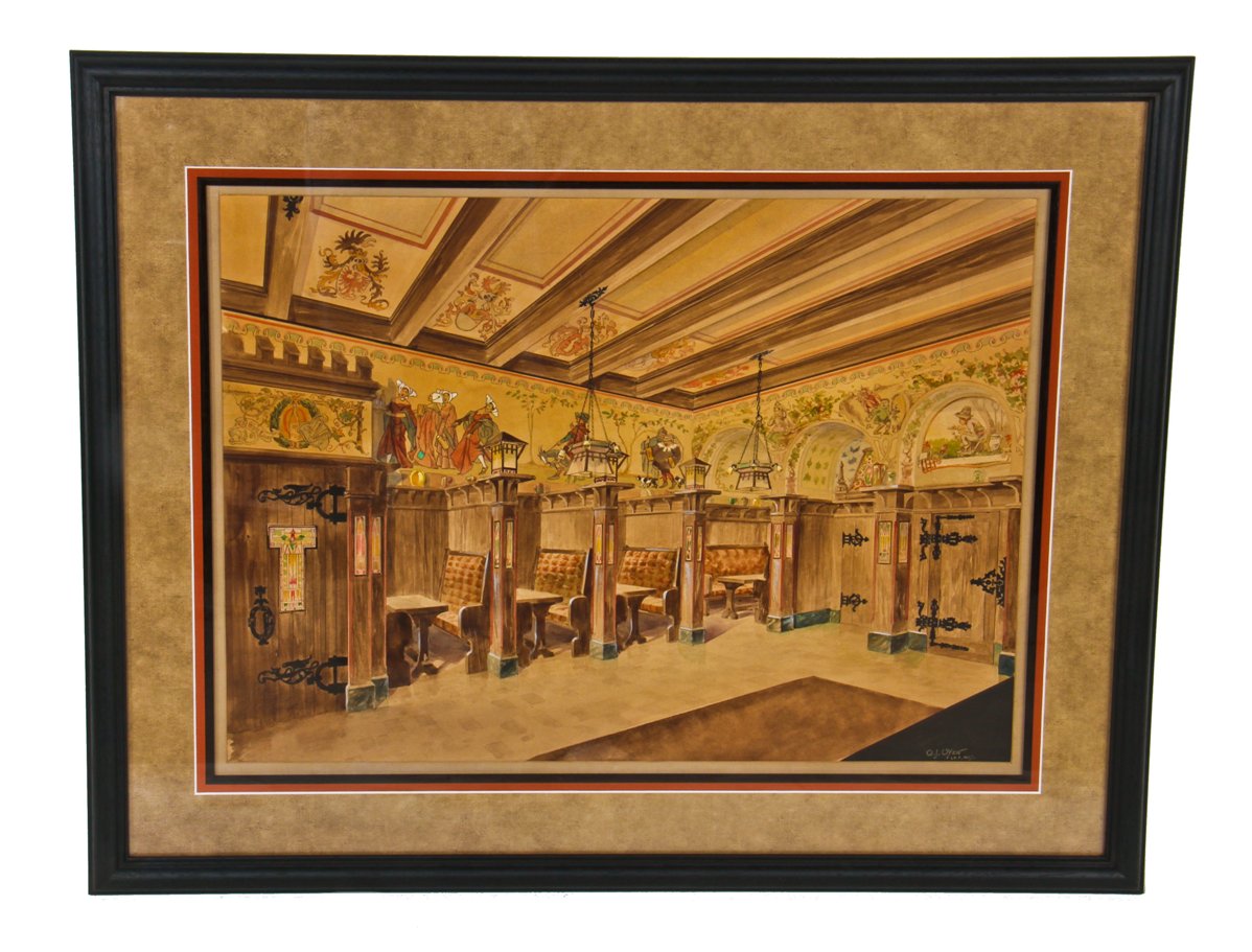 very rare and historically important early 20th century framed and signed polychromatic watercolor rendering of walt's restaurant and//or heileman hall