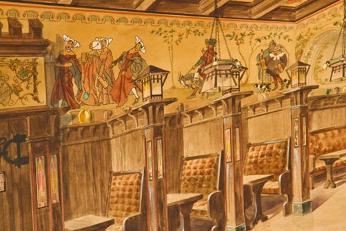 very rare and historically important early 20th century framed and signed polychromatic watercolor rendering of walt's restaurant and//or heileman hall
