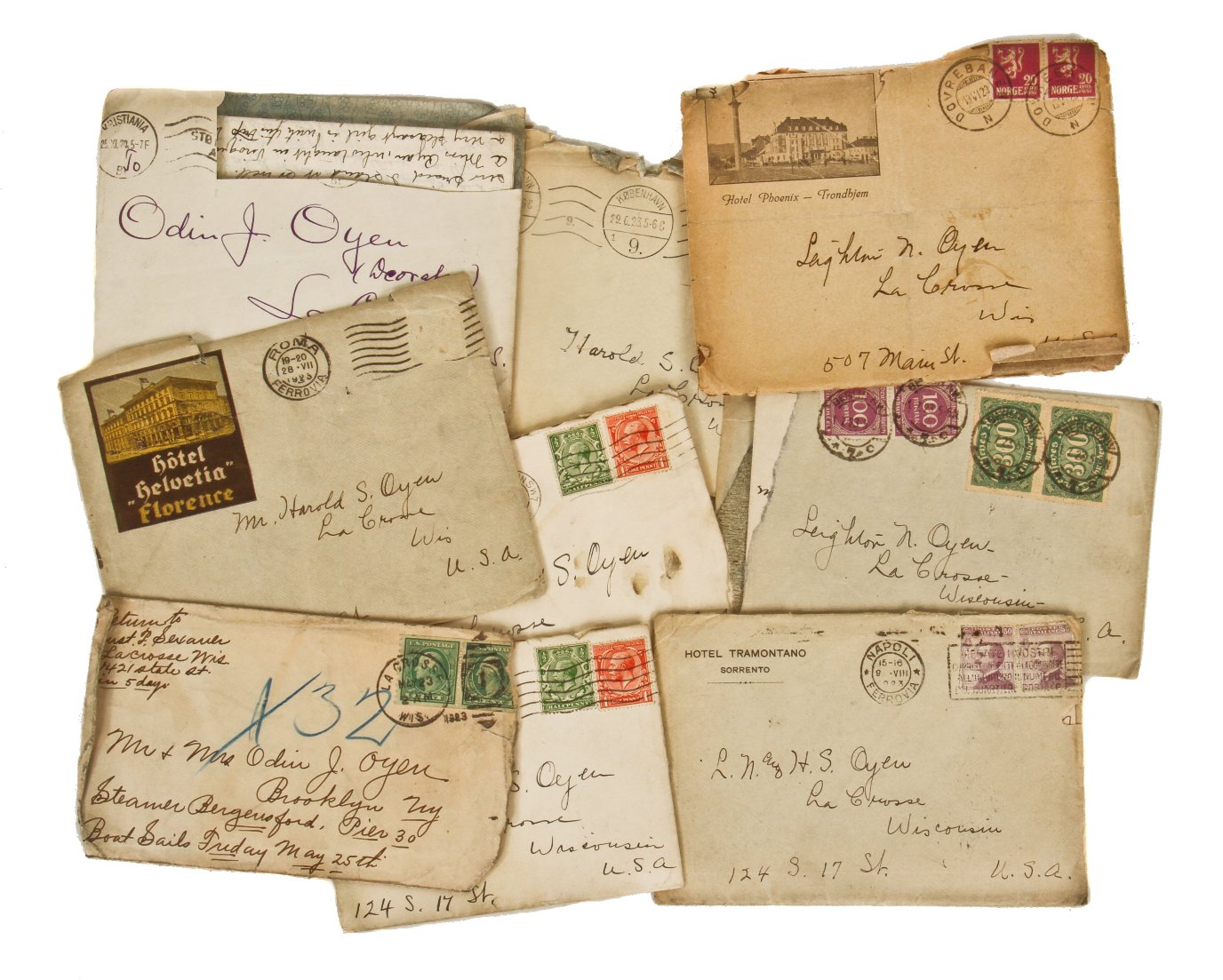large lot of early 20th century mailed hand-written letters to and from oyen family members pertaining to business and travel