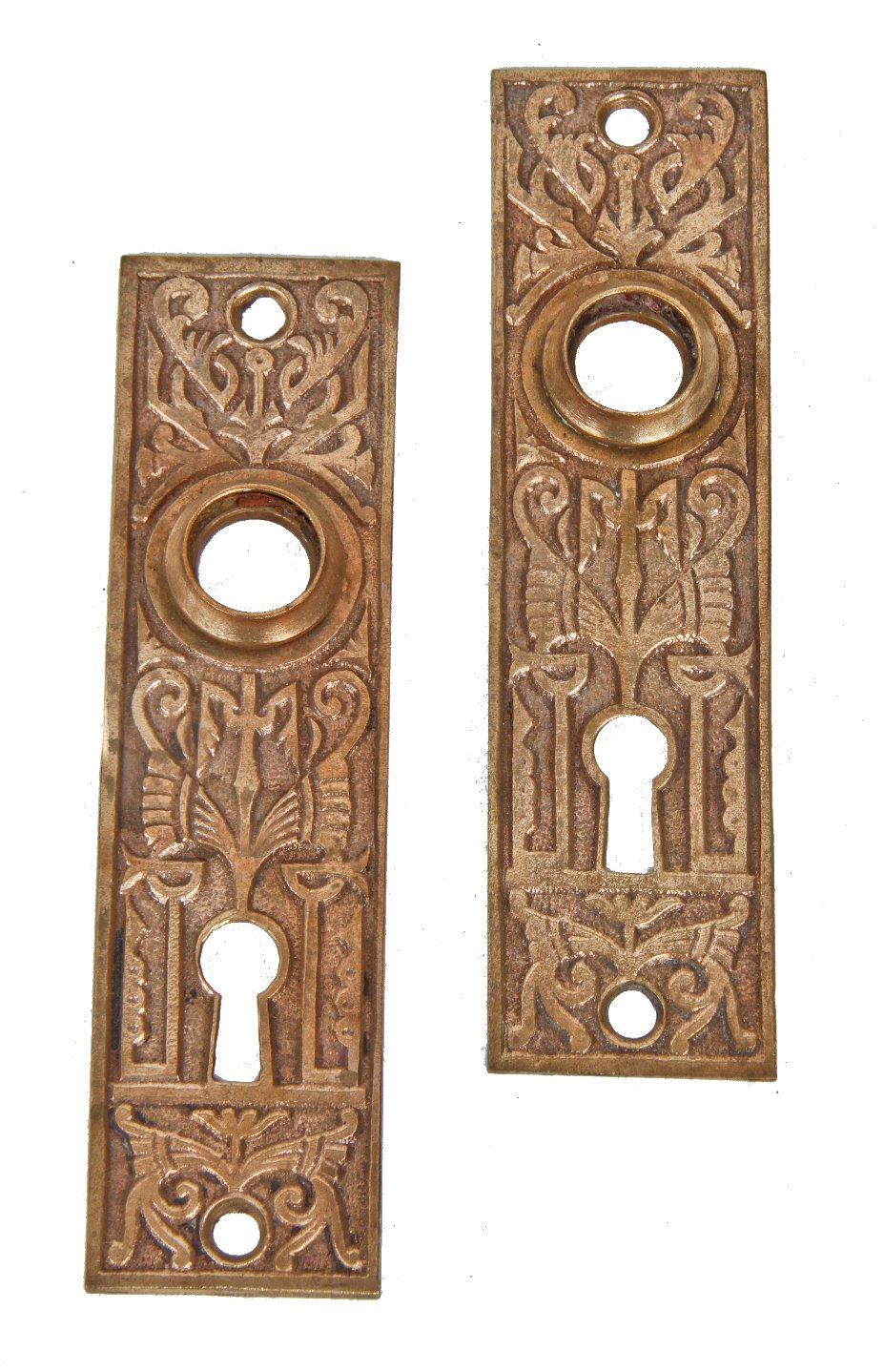 two matching original cast brass interior residential "oriental" pattern eastlake style doorknob backplates with wrought brass thimbles or collars and single keyholes