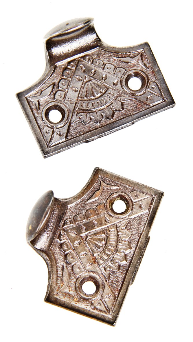 two matching original c. 1880's ornamental cast iron interior residential "oriental" pattern interior residential window sash lifts or finger pulls