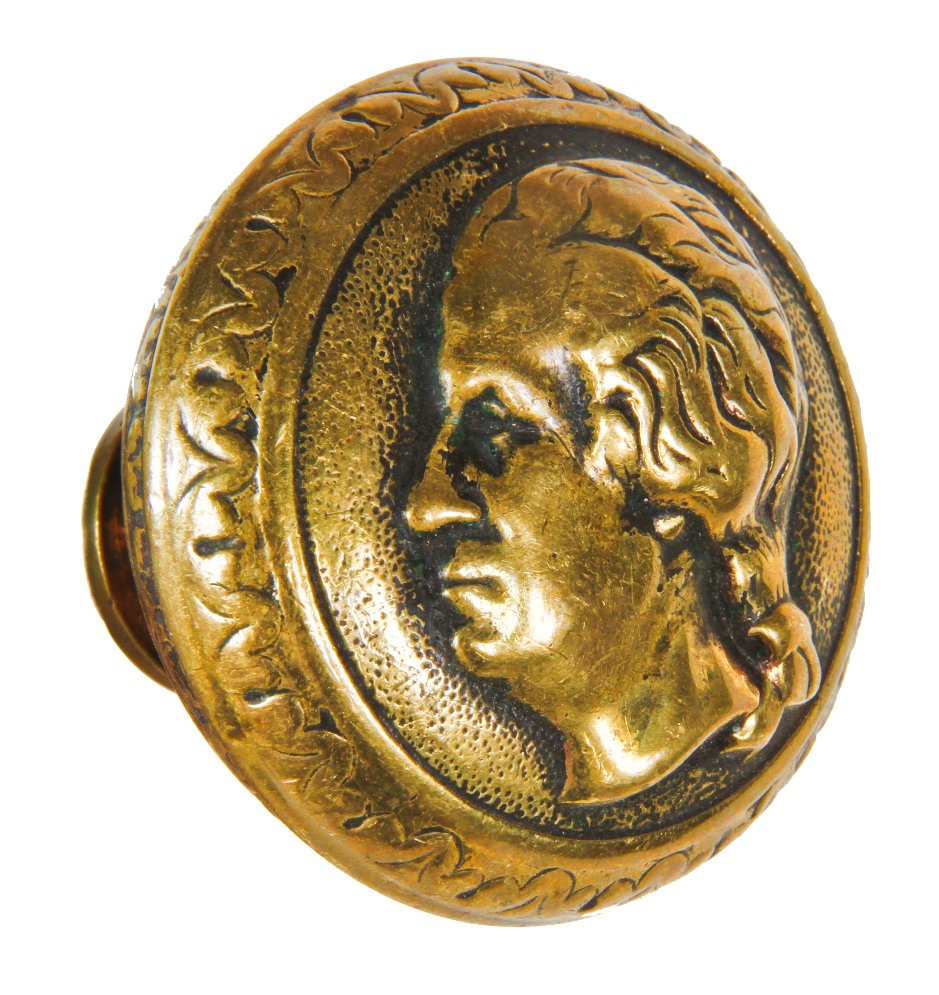 original early 1870's well-worn ornamental cast brass footed-shank "george" residential doorknob designed by "f. jahn" for enoch robinson