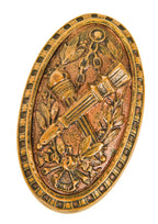 very unusual and seldom found oversized chicago two-flat entrance door oval-shaped "louvre" pattern doorknob featuring two intersecting fluted torches suspended by chain