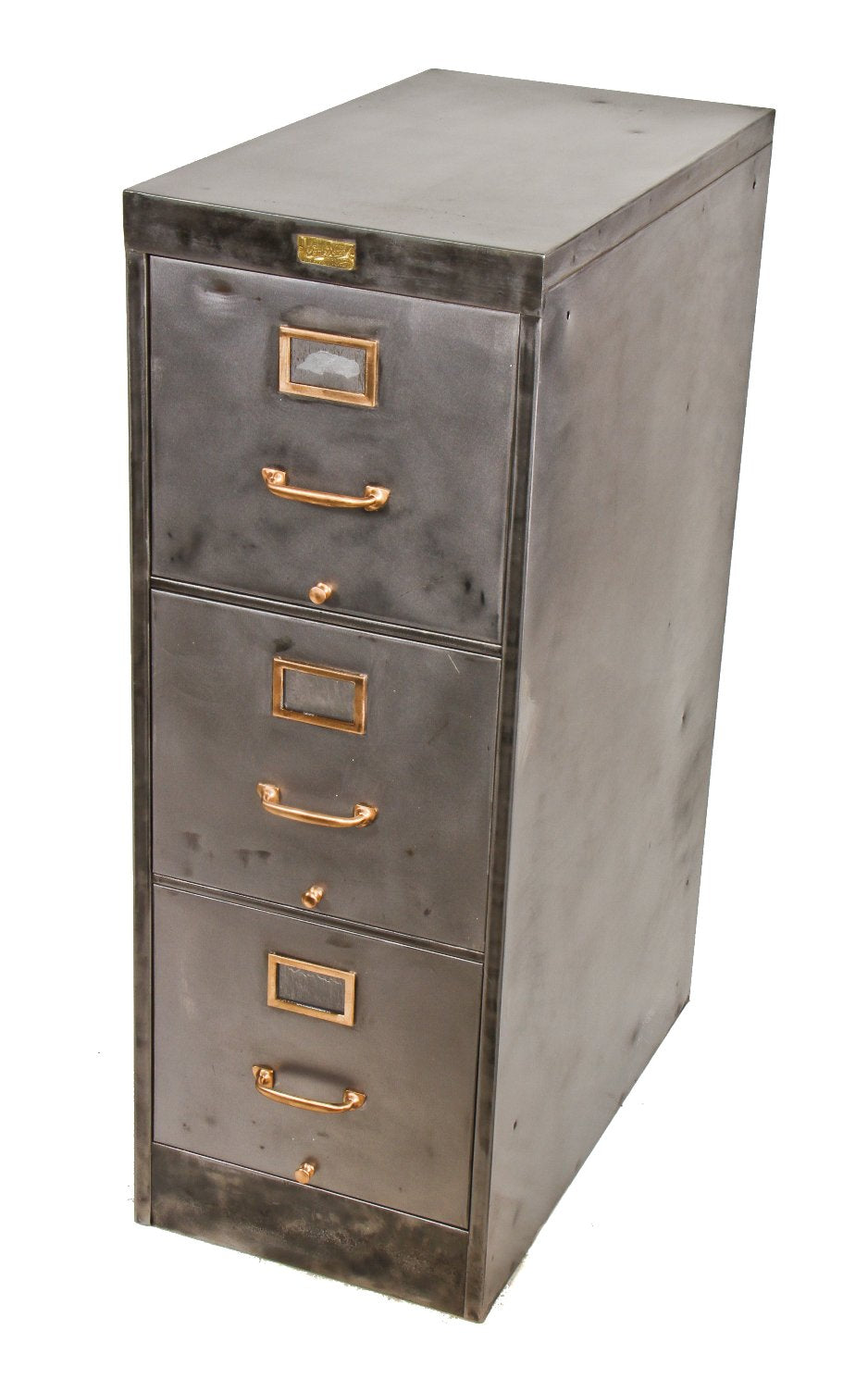 original well-built c. 1920's american antique industrial parisian novelty factory office freestanding "mastercraft" three-drawer filing cabinet with brass handles