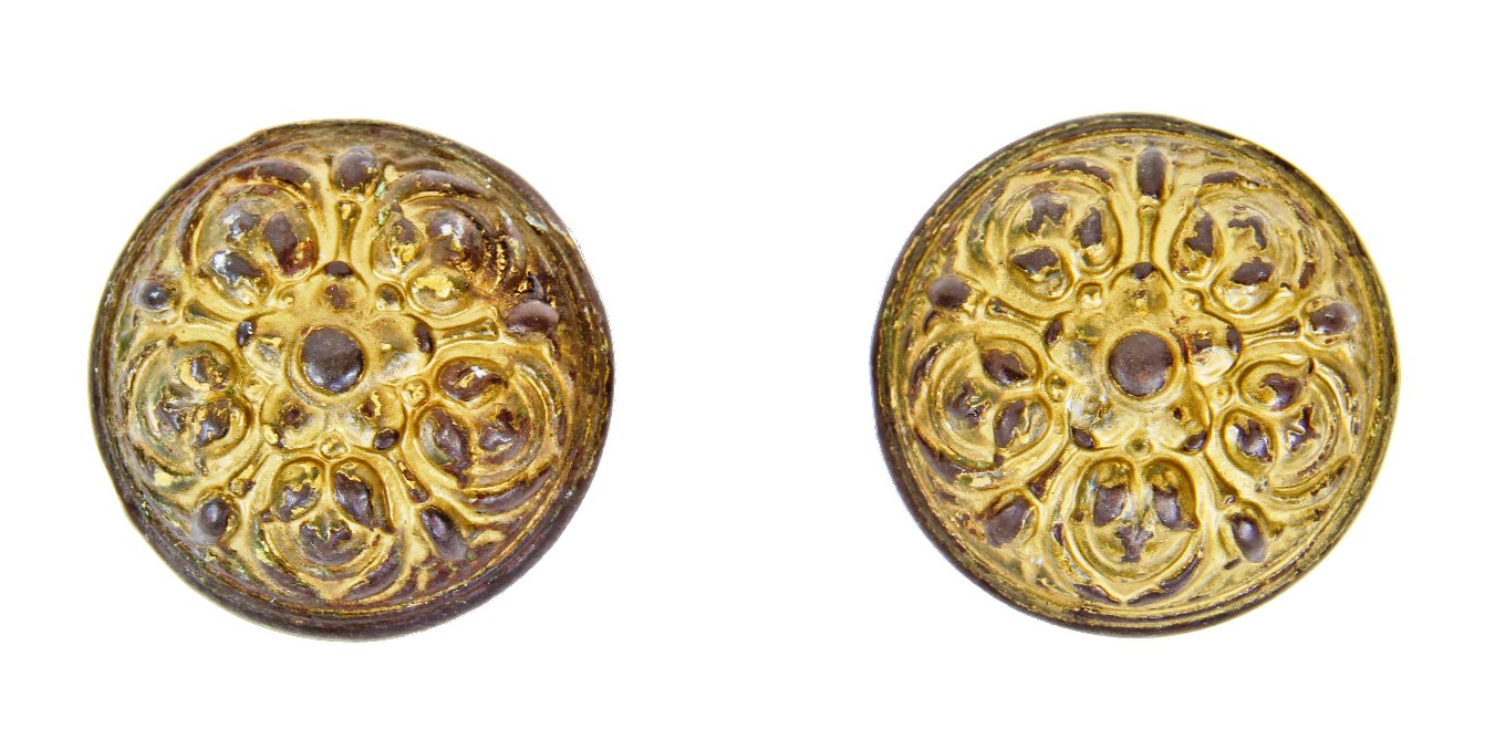two matching original heavily late 19th century ornamental cast iron interior residential "pasco" pattern antique american doorknobs with banded rims