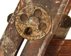 original nicely worn early 20th century american antique industrial oak wood folding ladder with patented opposed cast iron rung or step thru bolt discs
