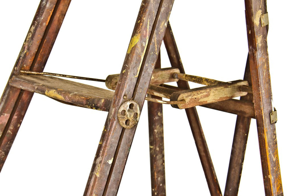 original nicely worn early 20th century american antique industrial oak wood folding ladder with patented opposed cast iron rung or step thru bolt discs