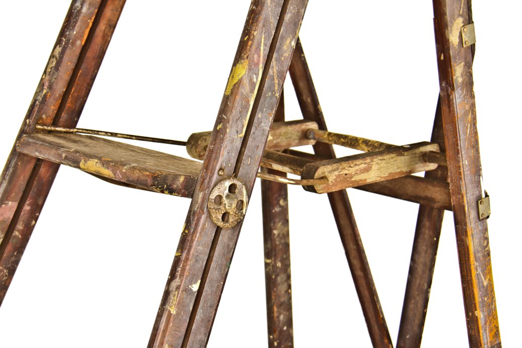 original nicely worn early 20th century american antique industrial oak wood folding ladder with patented opposed cast iron rung or step thru bolt discs
