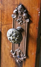 two matching original late 19th century original "pasco" pattern interior residential ornamental cast iron door escutcheons with a copper-plated finish throughout