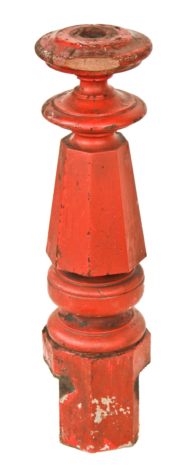 very robust all original c. 1870's original octagonal-shaped red painted solid walnut wood commercial building staircase newel post with top cap