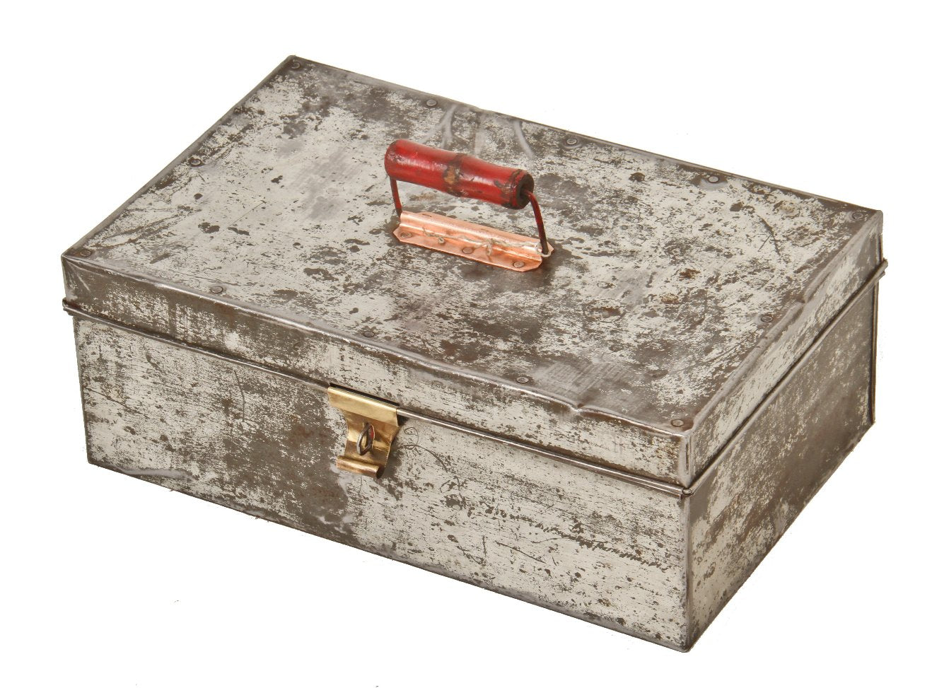 refinished custom-built lightweight galvanized tin metal "small parts" portable factory machine shop toolbox with brightly colored red painted turned wood handle