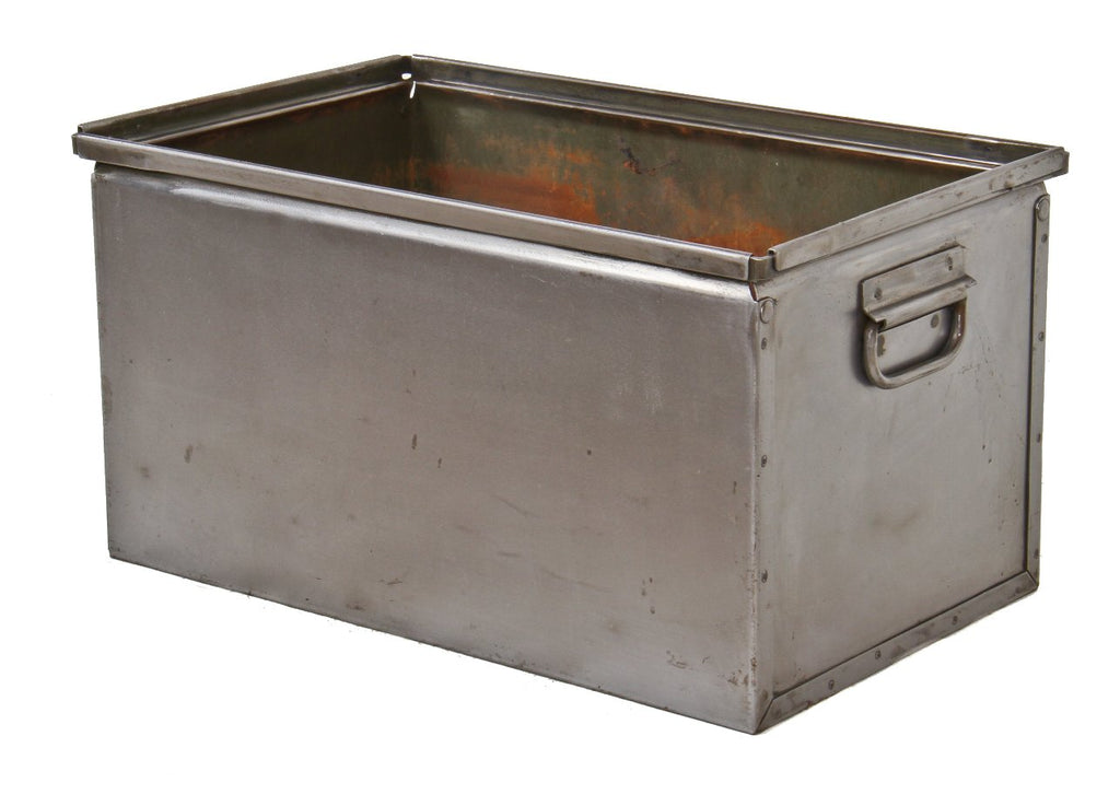 single refinished american industrial pressed and folded cold-rolled steel stackable lyon storage bin with intact heavy duty opposed drop handles