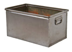 single refinished american industrial pressed and folded cold-rolled steel stackable lyon storage bin with intact heavy duty opposed drop handles
