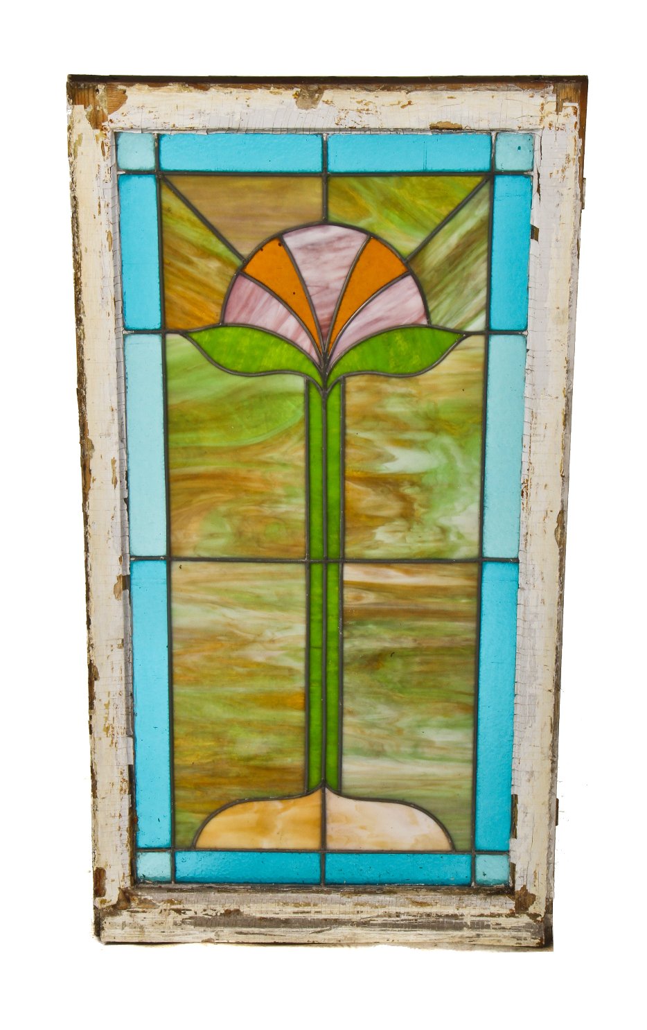 very pleasing and beautifully colored all original turn of the century variegated slag glass chicago residential window with distinctive abstract flower