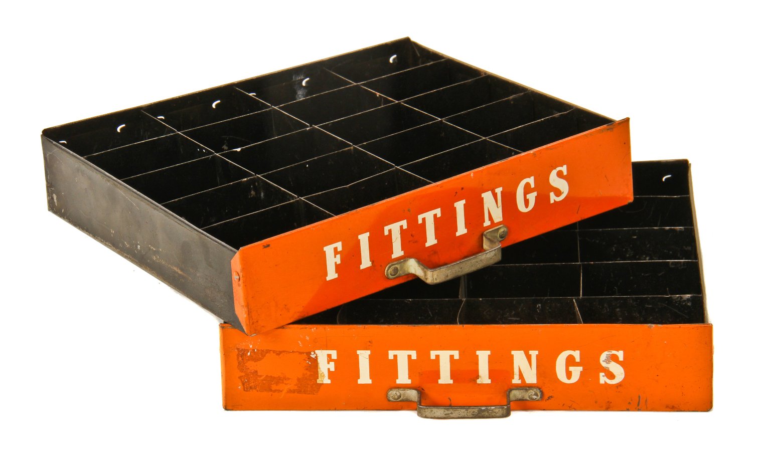 set of original american industrial c. 1940's brightly colored baked-on orange enameled diminutive imperial "fittings" drawers with detachable dividers