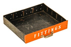single original c. 1940's american vintage industrial bright orange "fittings" compartmentalized hardware countertop cabinet drawer with detachable dividers
