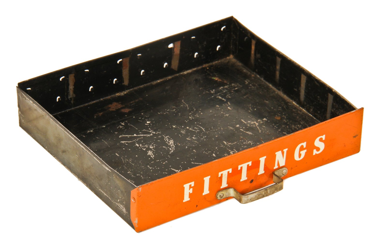 single original c. 1940's american vintage industrial bright orange "fittings" compartmentalized hardware countertop cabinet drawer with detachable dividers