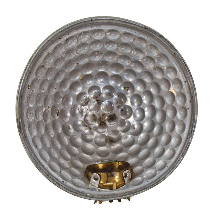 seldom found early 20th century vibrant green enameled faries no. 94 "dimpled" style parabolic-shaped stamped aluminum task lamp reflector or shade with patented socket fitter