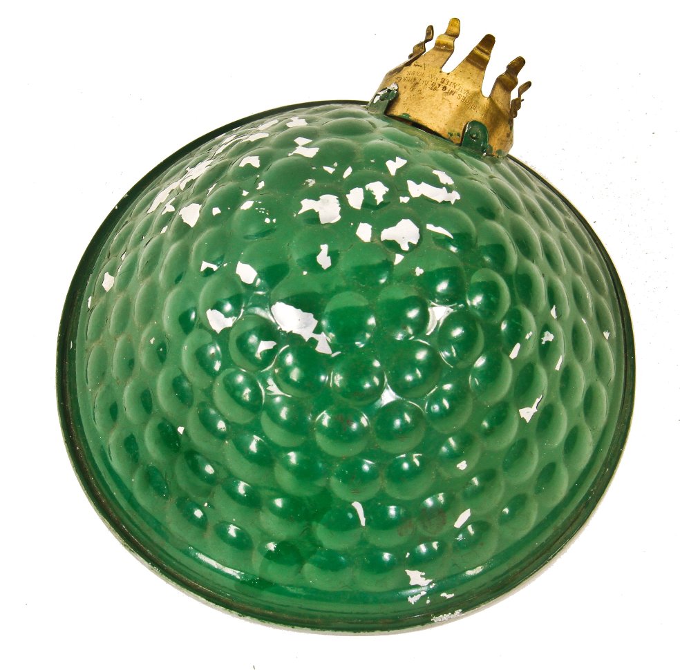 seldom found early 20th century vibrant green enameled faries no. 94 "dimpled" style parabolic-shaped stamped aluminum task lamp reflector or shade with patented socket fitter